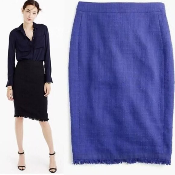 J. CREW NWT Cotton Tweed Fully Lined Pencil Fringe Hem Blue Purple Skirt Size 6 - Picture 1 of 11